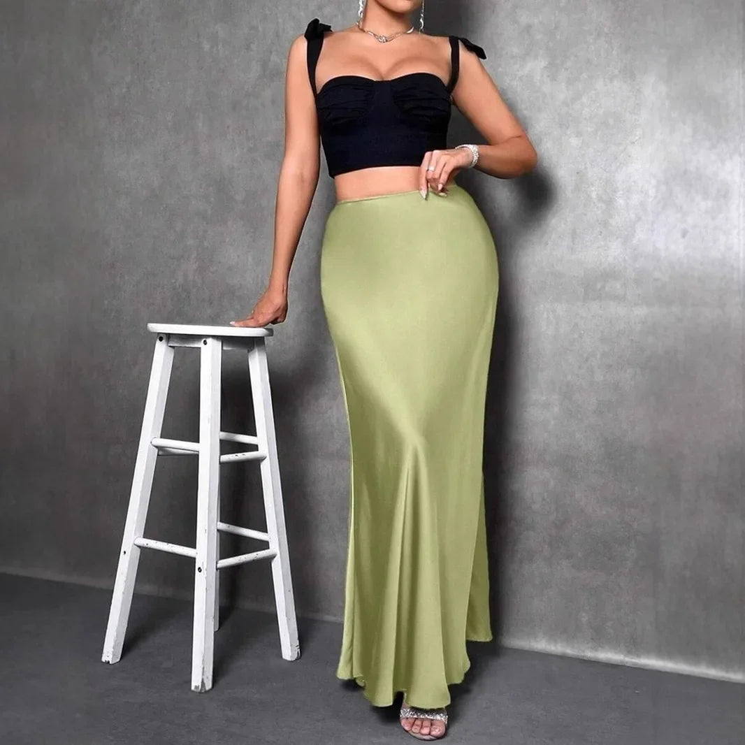Satin Skirt Autumn Winter Simple A line Long Skirt Women Clothing