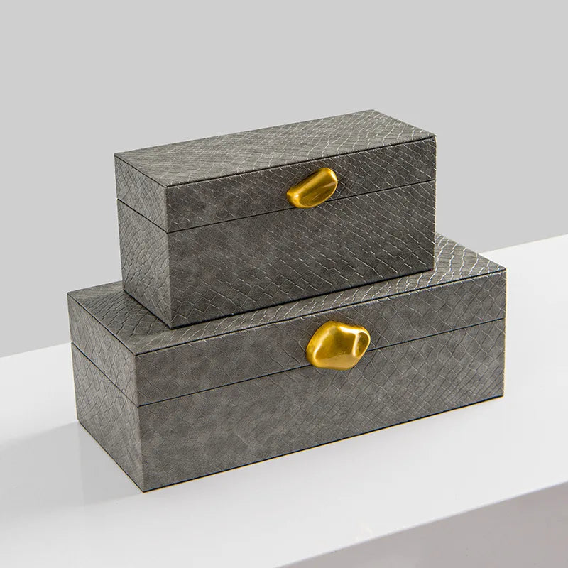 DecorBites™ Golden Stone Handle Leather Jewelry Box: Elegant Desktop Storage Container for Home Decor