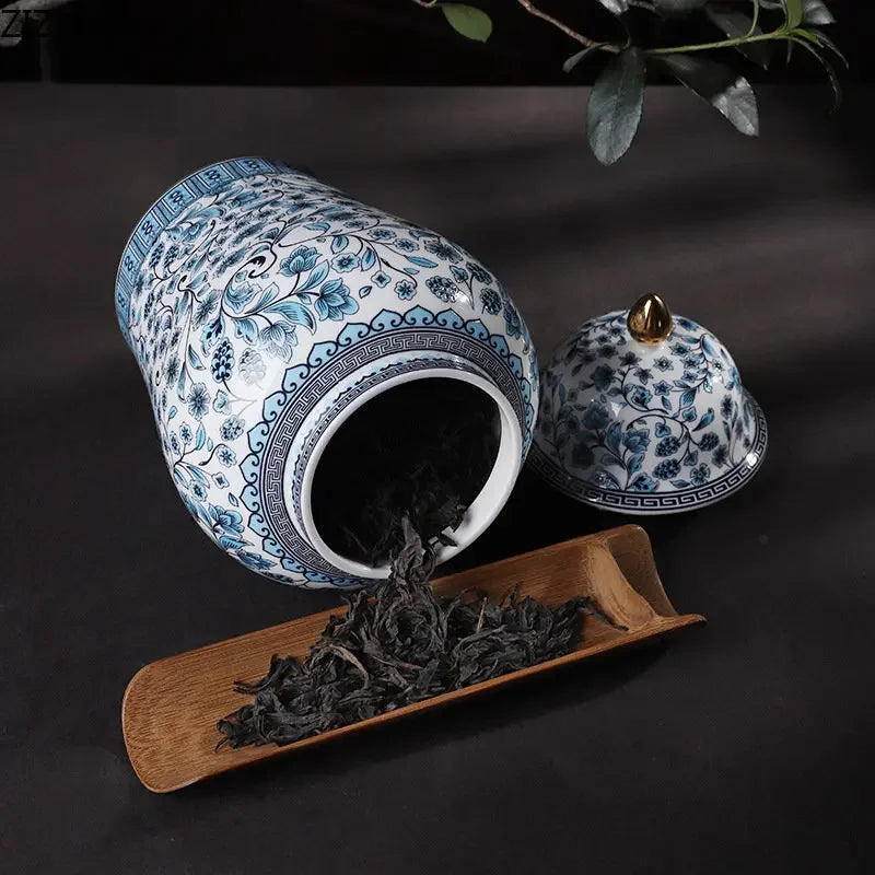 DecorBites™ Blue White Ceramic Enamel General Jar Tea Canister Desk Flower Texture Pot