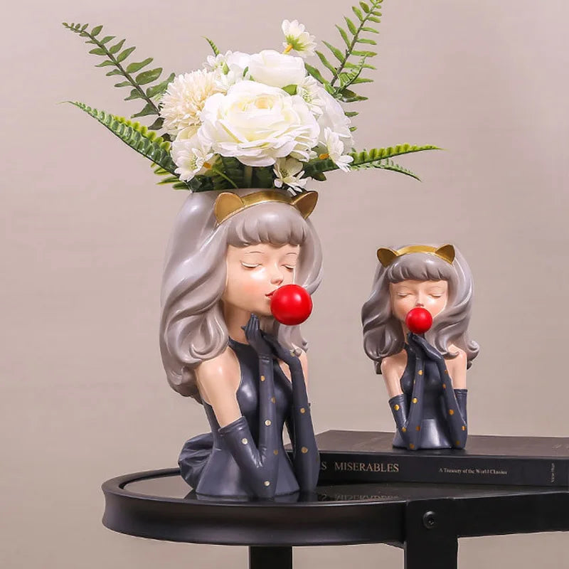 DecorBites™ Bubble Gum Girl Flower Vase - Stylish Resin Plant Pot for Home Decor