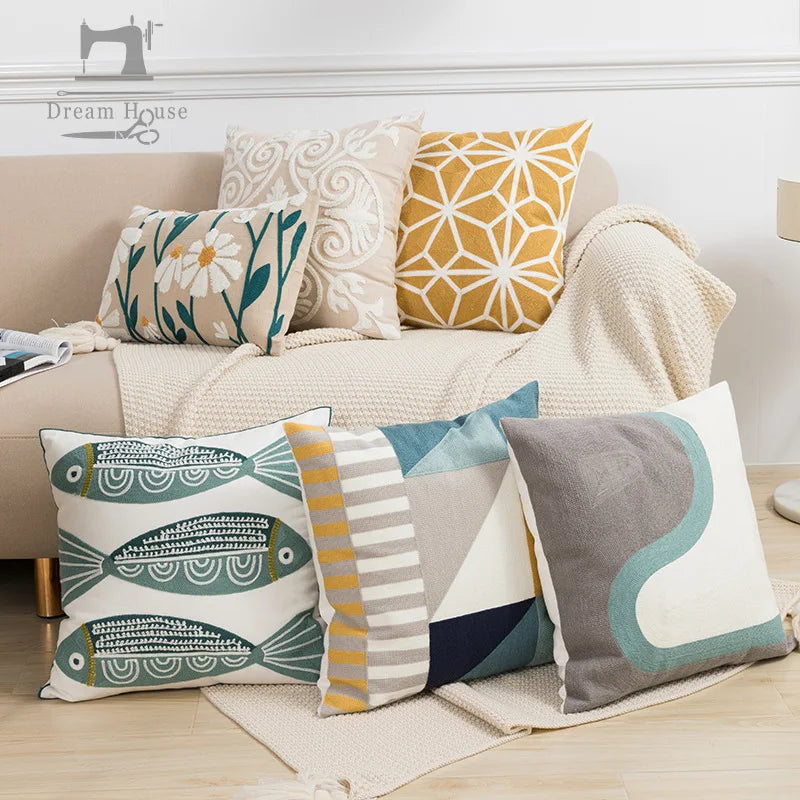 DecorBites™ Daisy Yellow Floral Geometric Pillow Cover - Soft Cozy Embroidery for Living Room