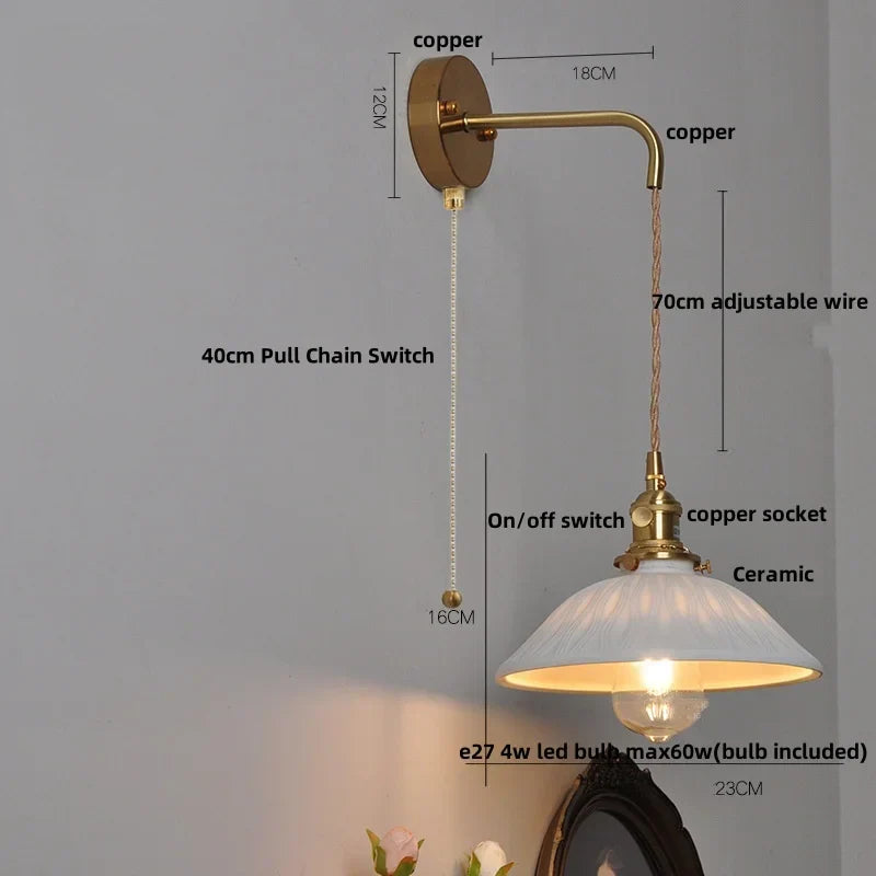 DecorBites™ Ceramic Brass LED Wall Light Fixture Pull Chain Switch Bedside Sconce