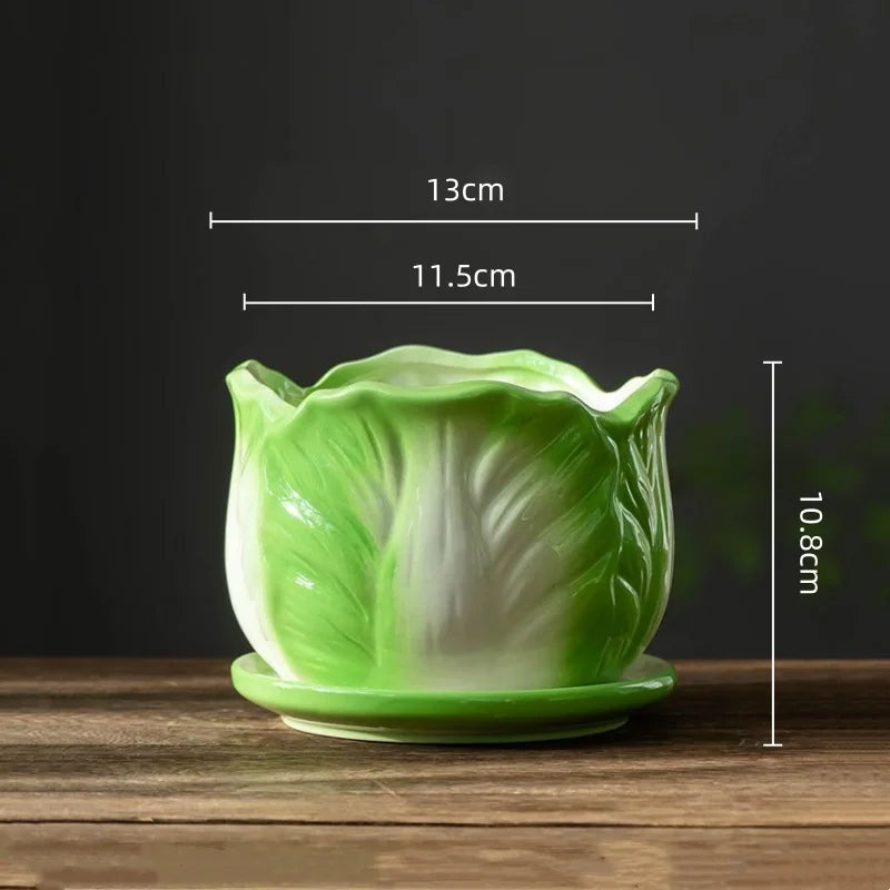 DecorBites™ Cabbage Flowerpot with Tray | Creative Cartoon Vegetable Basin | Indoor Garden Flower Vase
