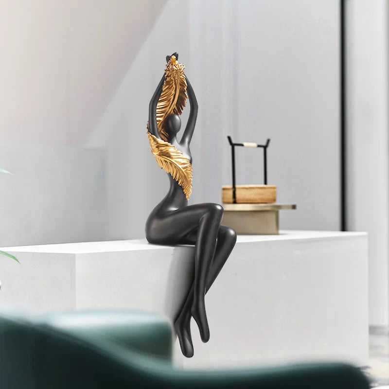 DecorBites™ Large Nude Feathered Body Sculpture | Modern Abstract Sitting Figurine Statues