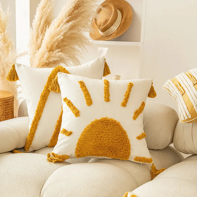 DecorBites™ Golden Yellow Geometric Tufted Tassel Cushion Cover - Modern Boho Home Decor