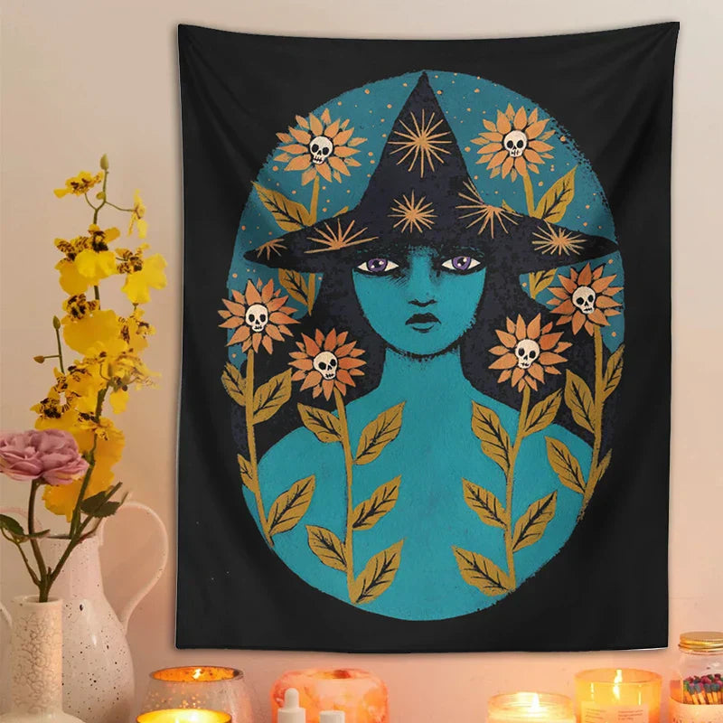 DecorBites™ Blue Witches Botanical Tapestry Wall Hanging for Home Room Decor and Aesthetic Magic