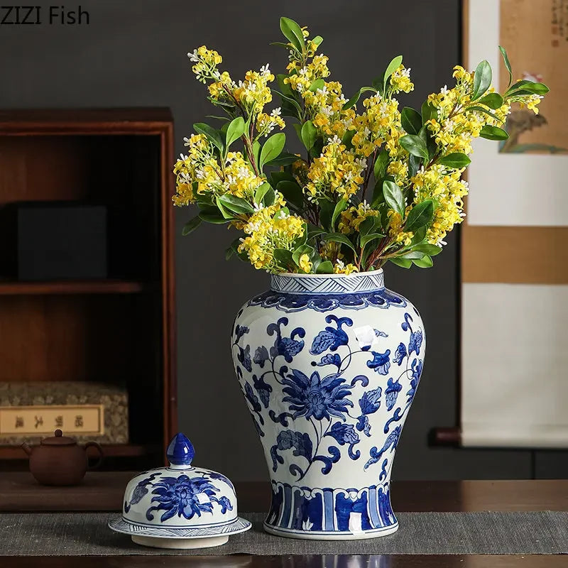 DecorBites™ Blue White Porcelain Bird Flower Jar Tea Canister Vase Desk Decor