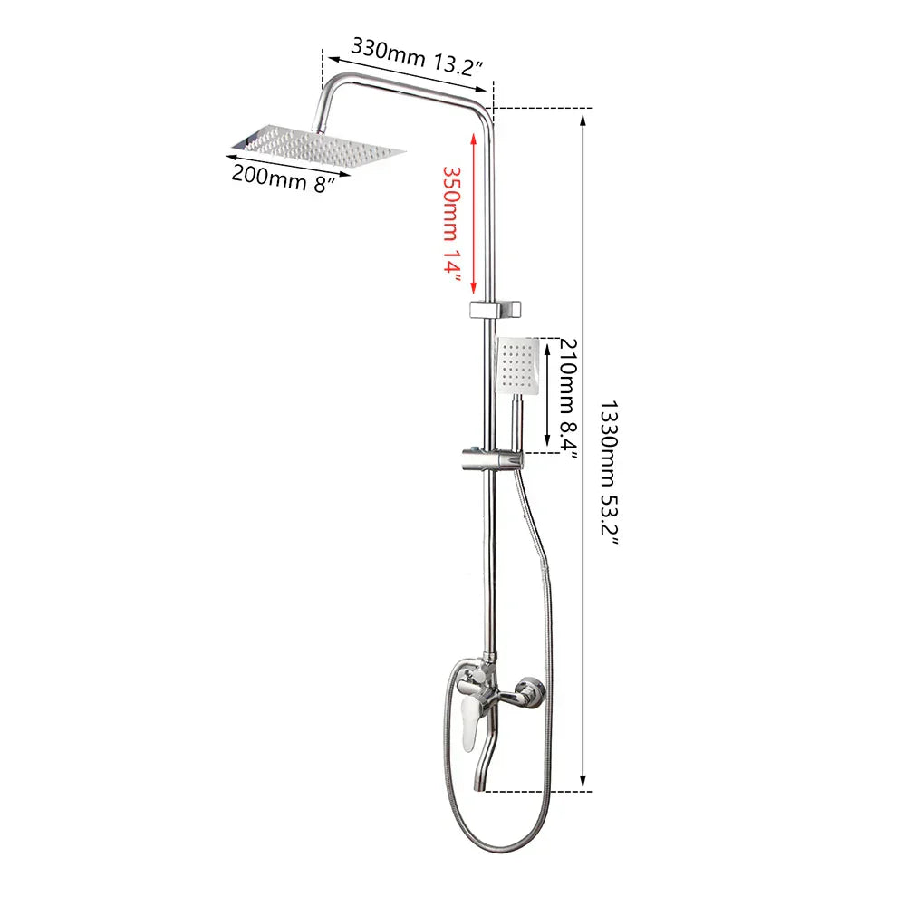 DecorBites™ 8-inch Chrome Bathroom Rainfall Shower Set with Adjustable Height and Handheld Faucet