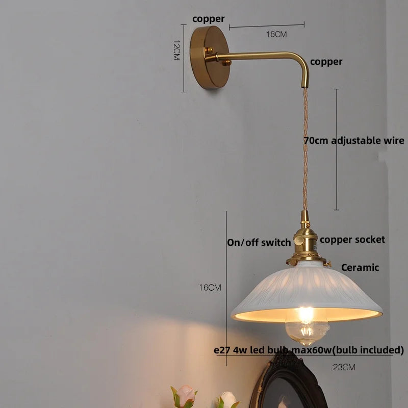 DecorBites™ Ceramic Brass LED Wall Light Fixture Pull Chain Switch Bedside Sconce