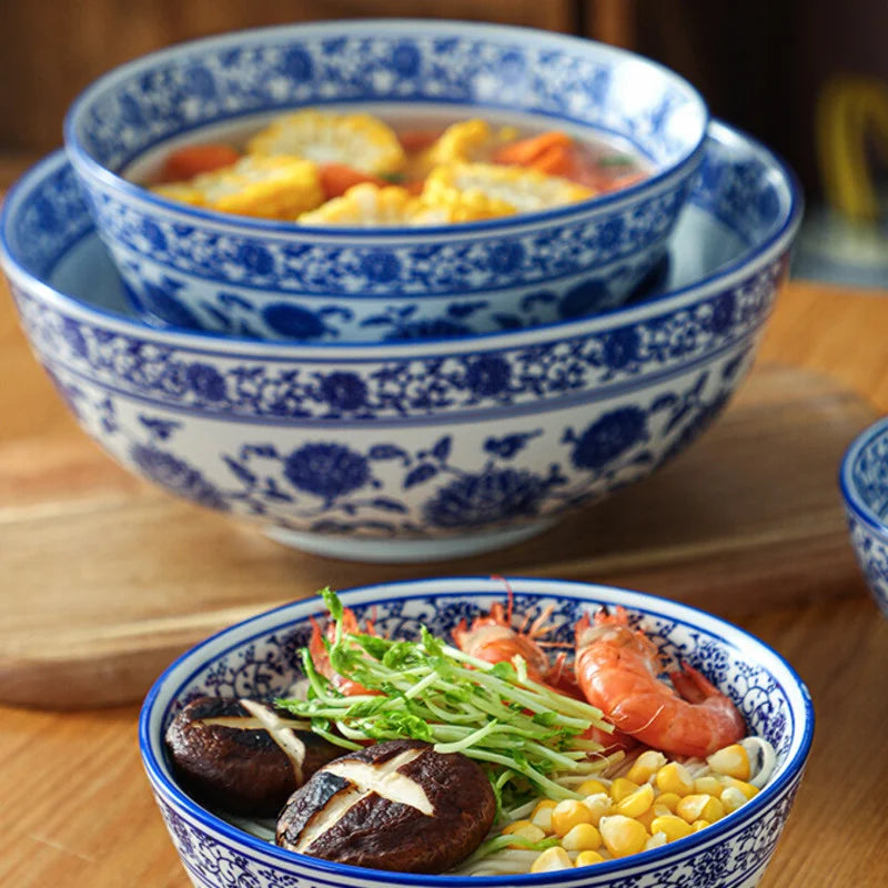 DecorBites™ Blue and White Retro Ceramic Soup Noodle Bowl