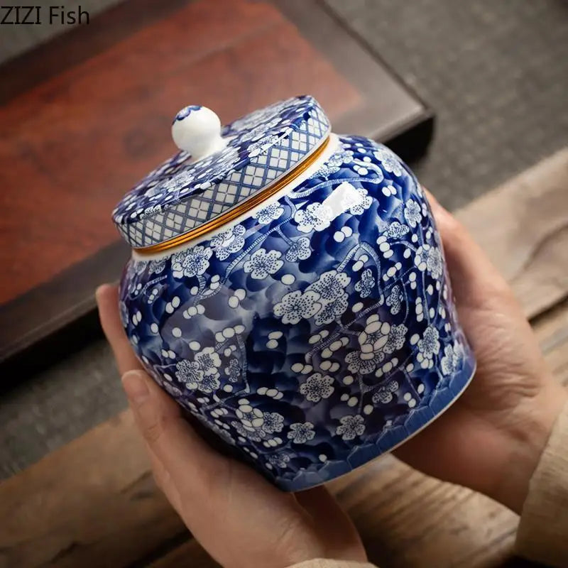 DecorBites™ Blue White Porcelain Tea Canister Organizer Box Coffee Container Caddy Jar