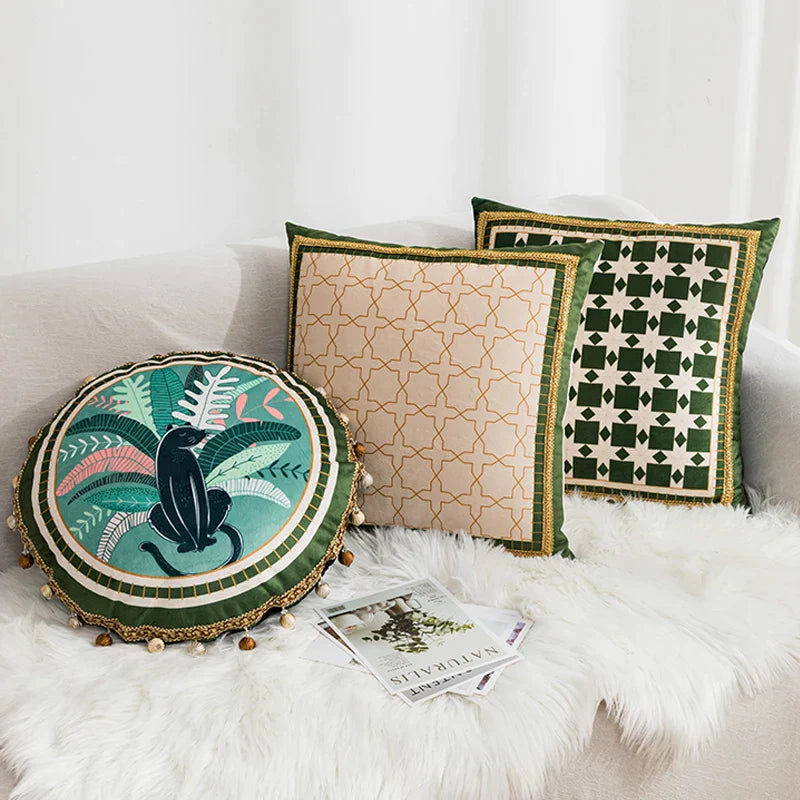 DecorBites™ Green Leaves Moss Printed Velvet Cushion Cover for Home Decor