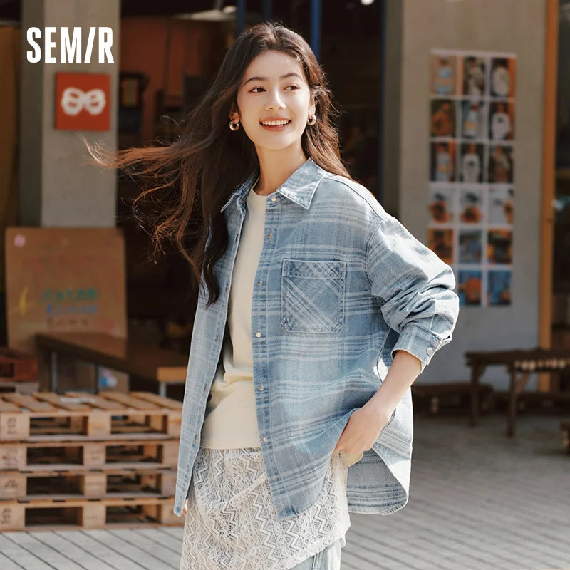 Semir Denim Shirt Women Oversize Spring 2025 New Spring Checkered Blouse Plaid Jacket