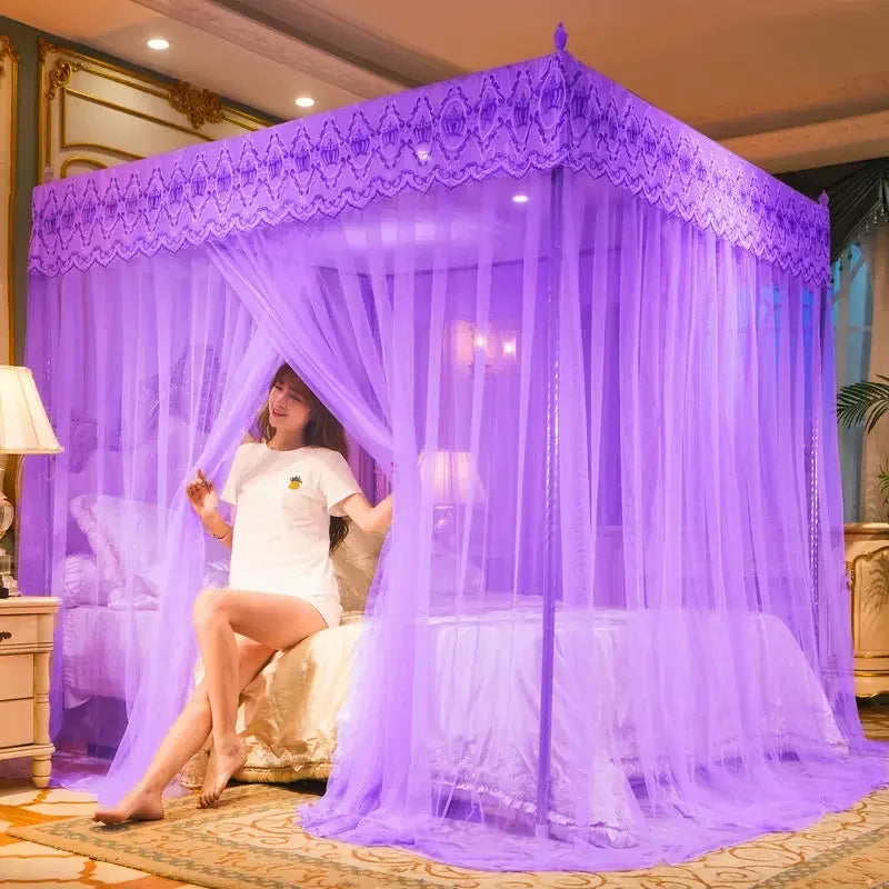 DecorBites™ Lace Pleated Queen Bed Net Canopy with Stainless Steel Bracket