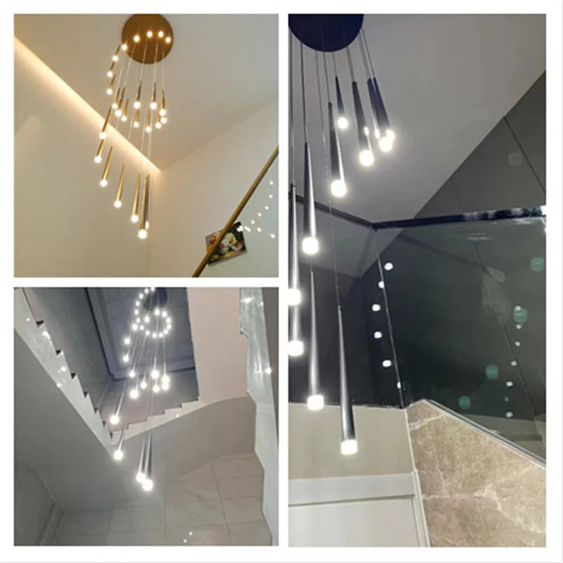 DecorBites™ Loft Black LED Stair Chandelier for Modern Living Room and Restaurant