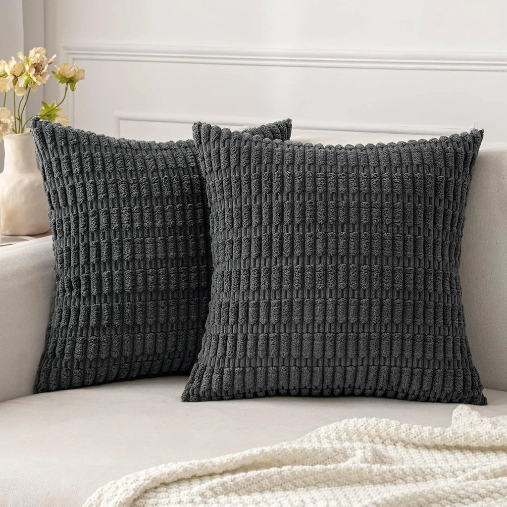 DecorBites™ Black Striped Corduroy Throw Pillow Cover 18x18 Inch Square Cushion Case White Pillowcase