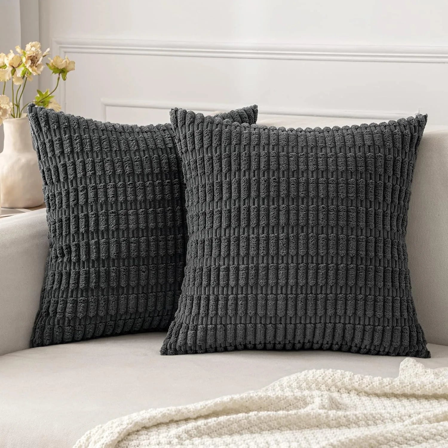 DecorBites™ Black Striped Corduroy Throw Pillow Cover 18x18 Inch Square Cushion Case White Pillowcase