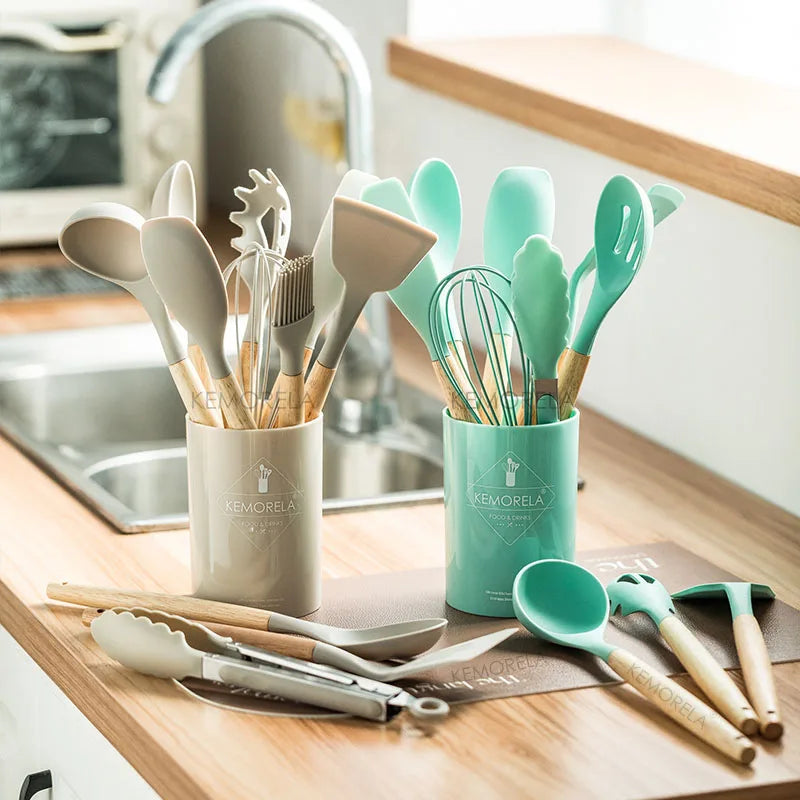 DecorBites™ 13-Piece Silicone Kitchen Utensil Set with Storage Box - Non-Stick Cooking Tools and Measuring Spoons