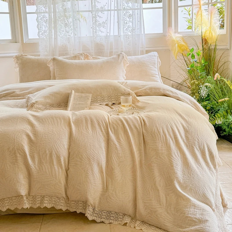 DecorBites™ French Lace Ruffles Bedding Set Queen King Size 4Pcs