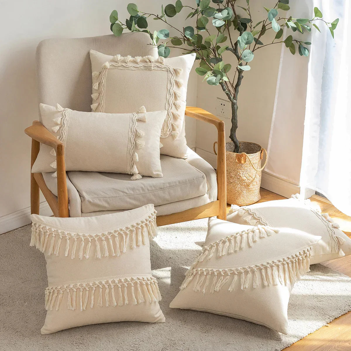 DecorBites™ Boho Macrame Woven Cushion Cover for Home Decor, Comfy Farmhouse Pillow Case