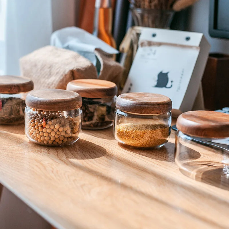 DecorBites™ Acacia Wood Lid Clear Glass Storage Jar 300ml Dry Food Snacks Candy Spice Jar