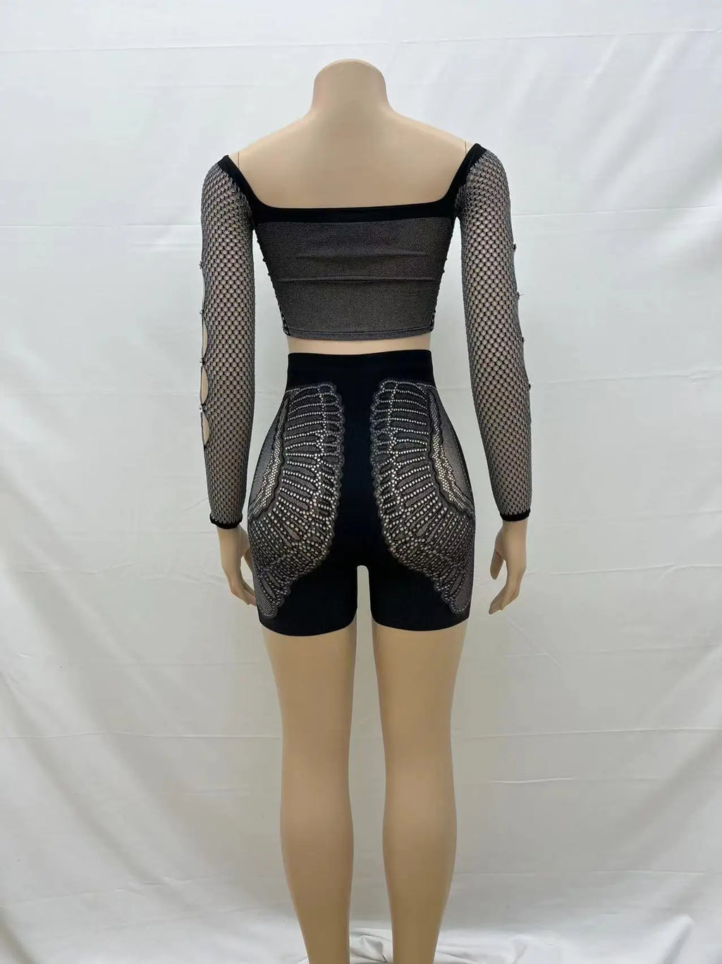 Summer Thin Off SHoulder Full Sleeve Hollow Top+Elastic Matching Shorts Mesh Patchwork 2 Piece Set Sheer New Clubwear