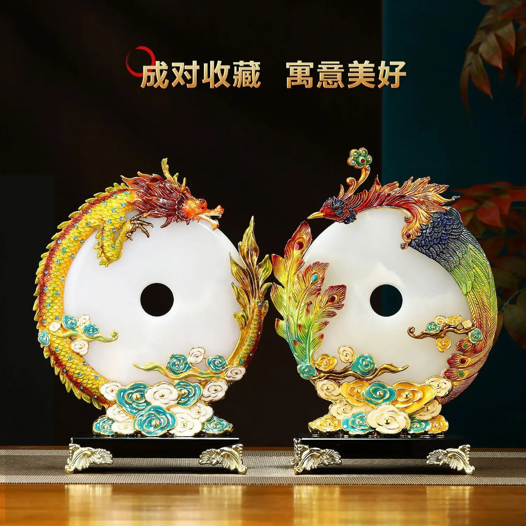 "DecorBites™ Jade Dragon Phoenix Ornament Enamel Living Room Decoration"