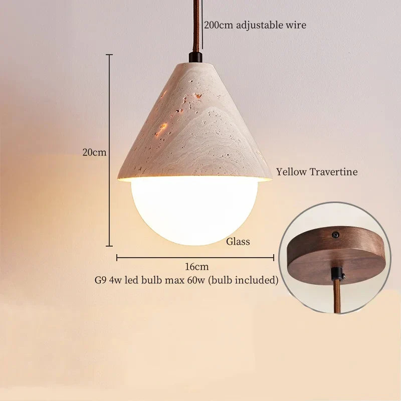DecorBites™ LED Pendant Lights Yellow Travertine Wood Hanging Lamp for Bedroom Dining Room
