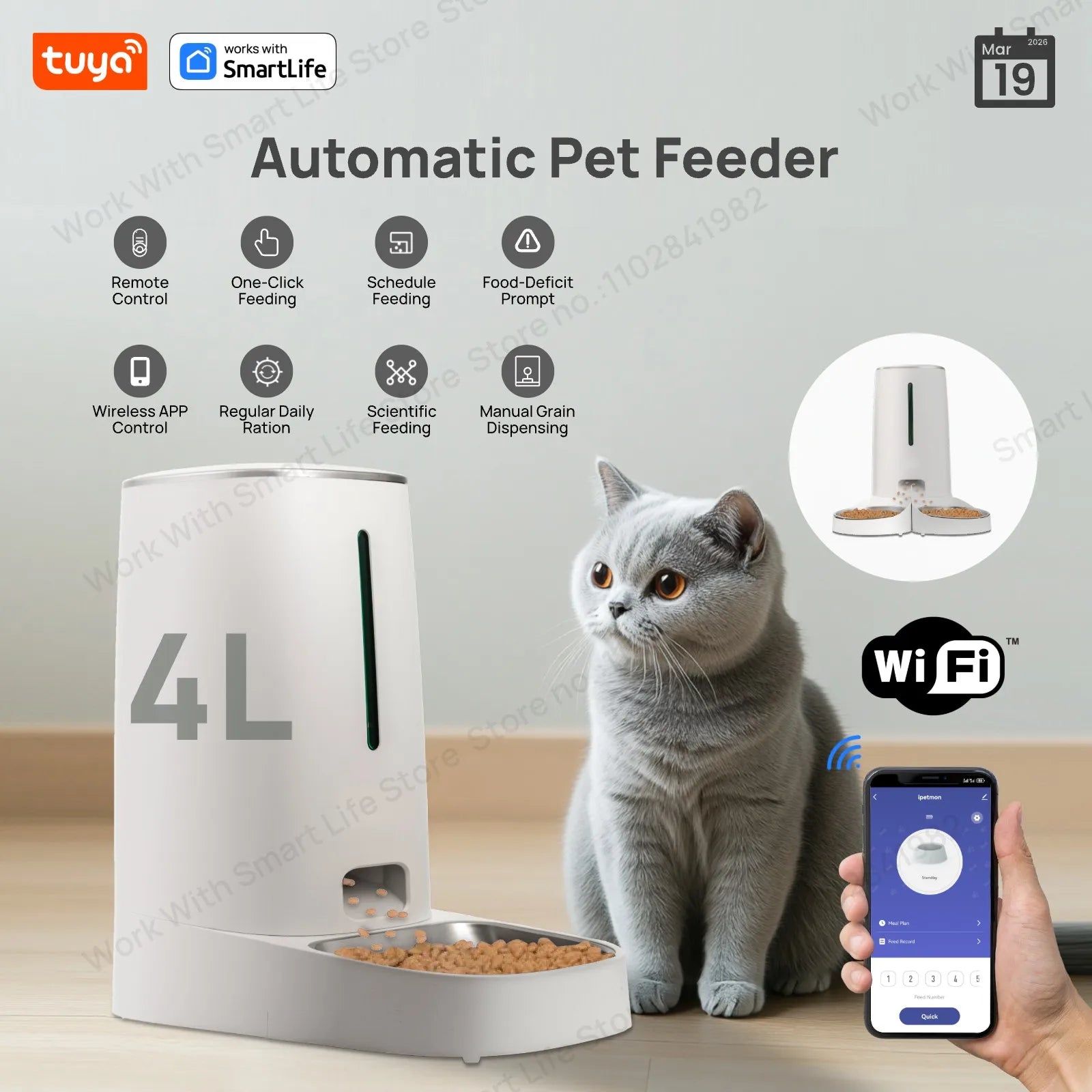 4L Automatic Pet Feeder for1/2Cats,WiFi Smart Feed Automatic Pet Feeder for Cats& Dogs,Timed Pet Food Dispenser with APP Control