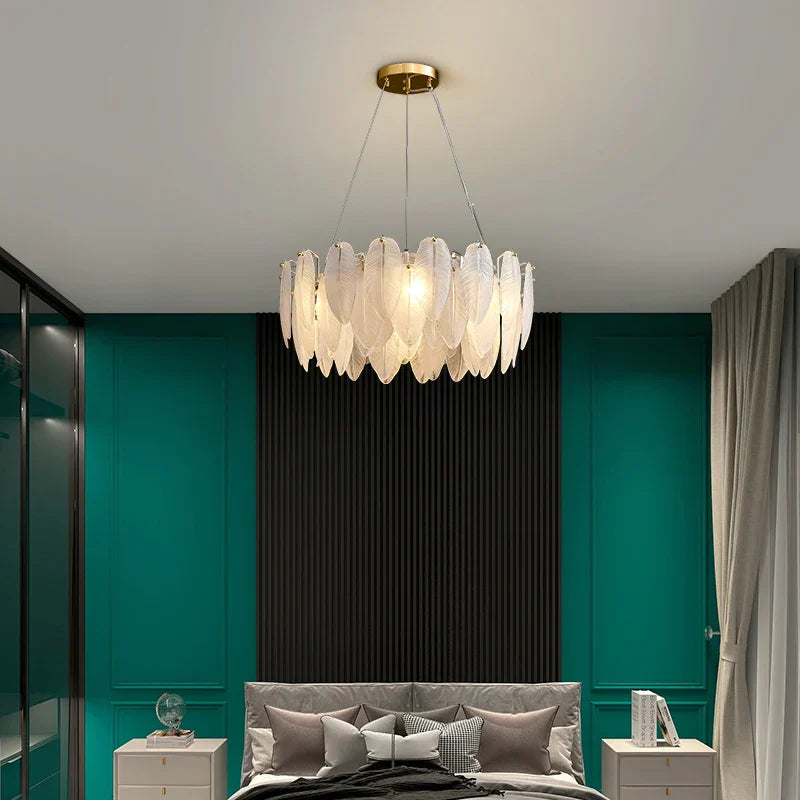 DecorBites™ Gold Feather Chandelier LED Pendant Light for Home Decor