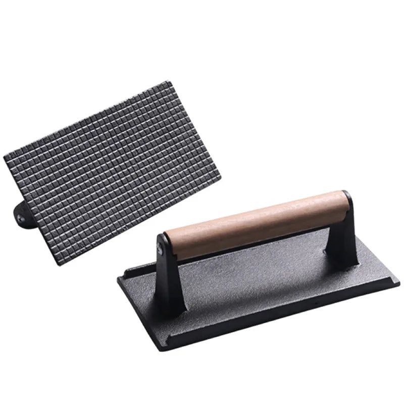 DecorBites™ Cast Iron Steak Press Plate with Wooden Handle - Rectangular Meat Press Tool