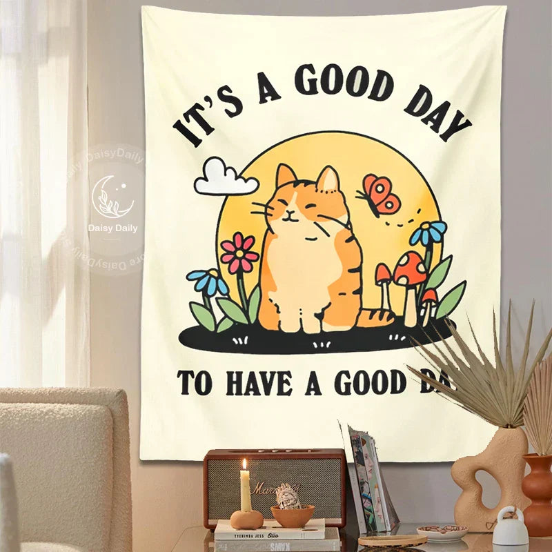 DecorBites™ Cat Tapestry: Mushroom Flower Moon Boho Decor for Living Room, Kids Room