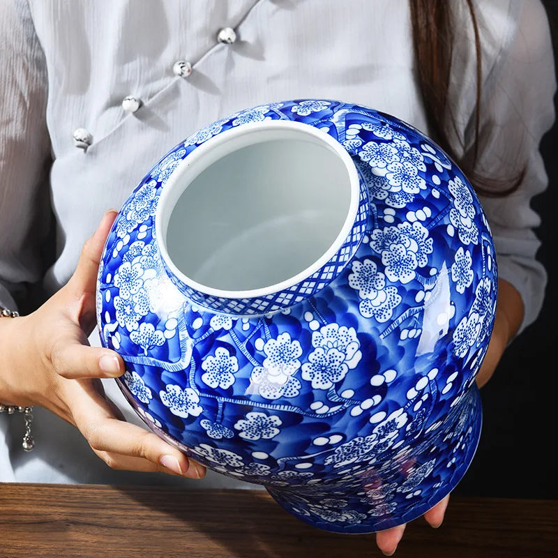 DecorBites™ Blue White Porcelain General Jar Tea Pot Sealed Storage Tank Home Decor
