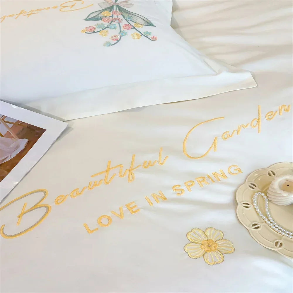 DecorBites™ Butterfly Flowers Embroidery Cotton Bedding Set, 4pcs King Queen Size.
