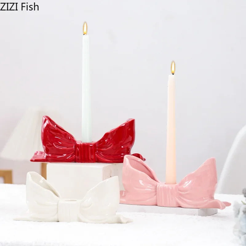 DecorBites™ Bowknot Ceramic Candle Holder Desk Decoration Romantic Candlestick Aesthetic Decor