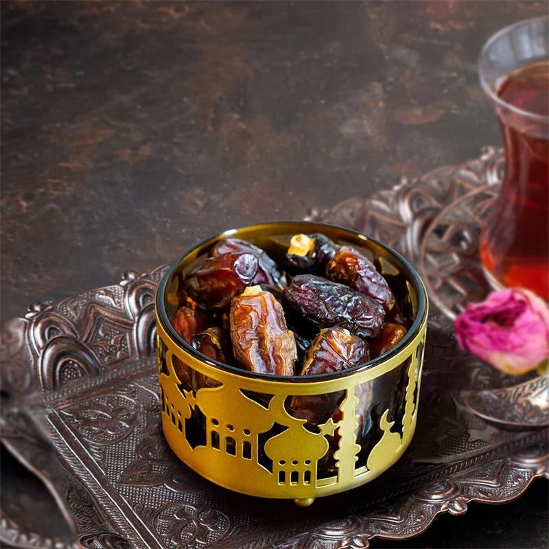 DecorBites™ Eid Mubarak Metal Fruit Snack Tray: Castle Tea Tray with Lid