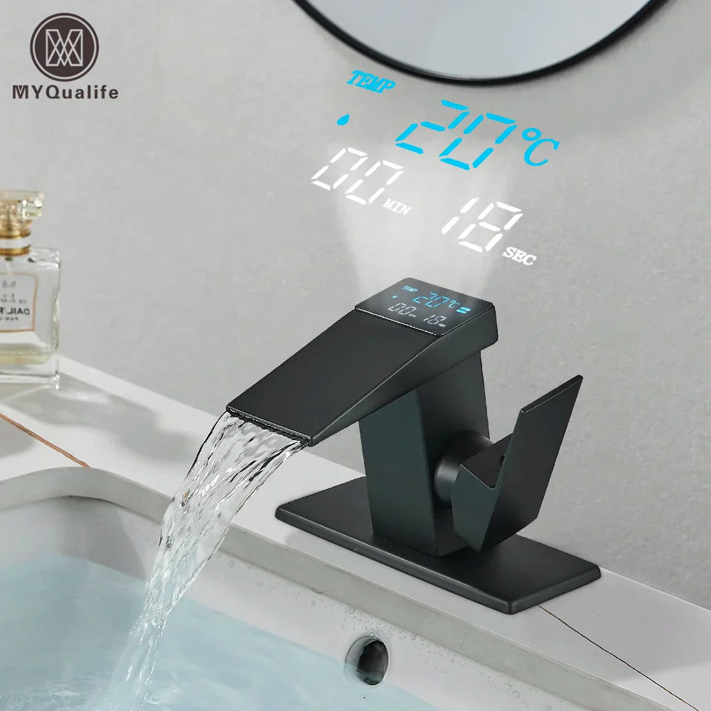 DecorBites™ Brass Waterfall Bathroom Faucet Basin Taps with Temperature Display