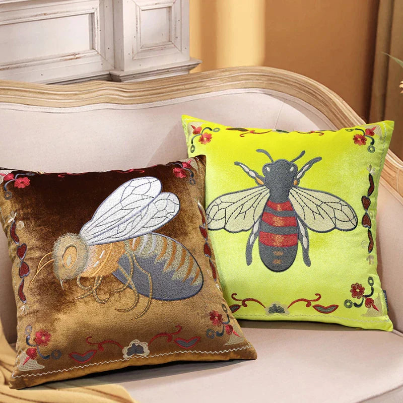 DecorBites™ Bee Embroidery Cushion Cover - Exquisite Animal Design for Sofa Decor