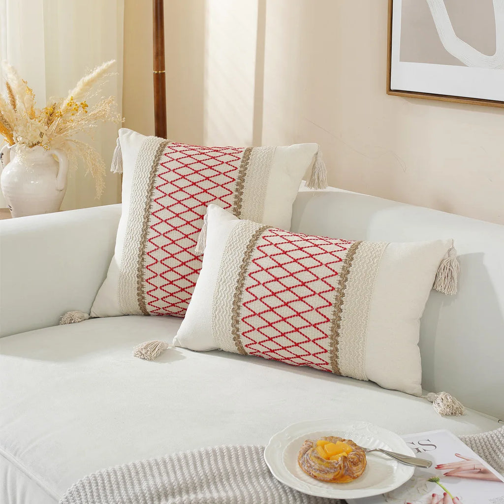 DecorBites™ Linen Stripe Diamond Woven Cushion Cover 45x45cm with Tassels