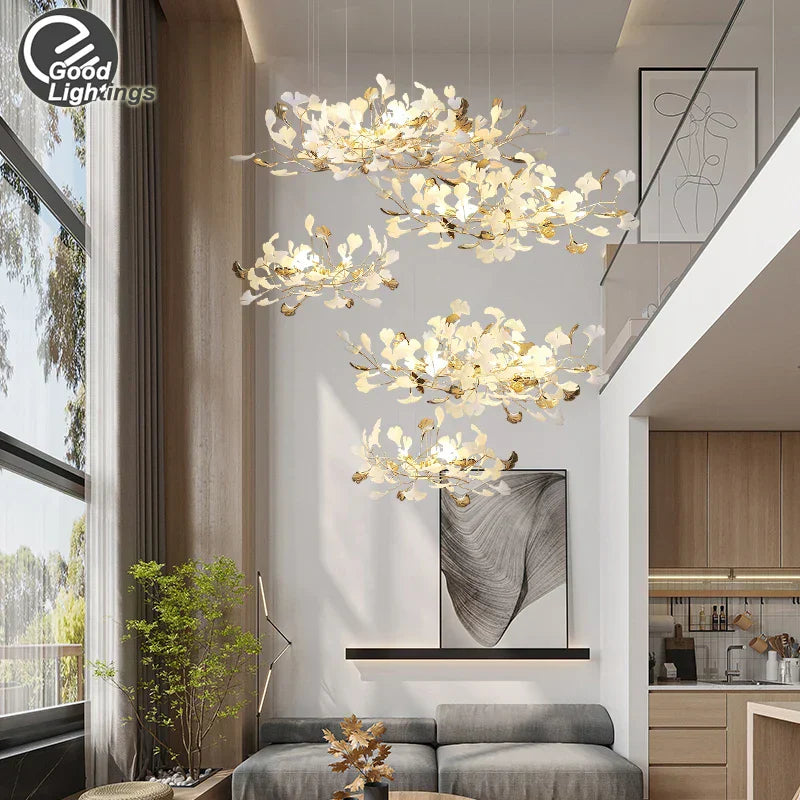 DecorBites™ Ginkgo Leaves Chandelier: Nordic Luxury Pendant Lamp for Hotel, Stairs, Living Room