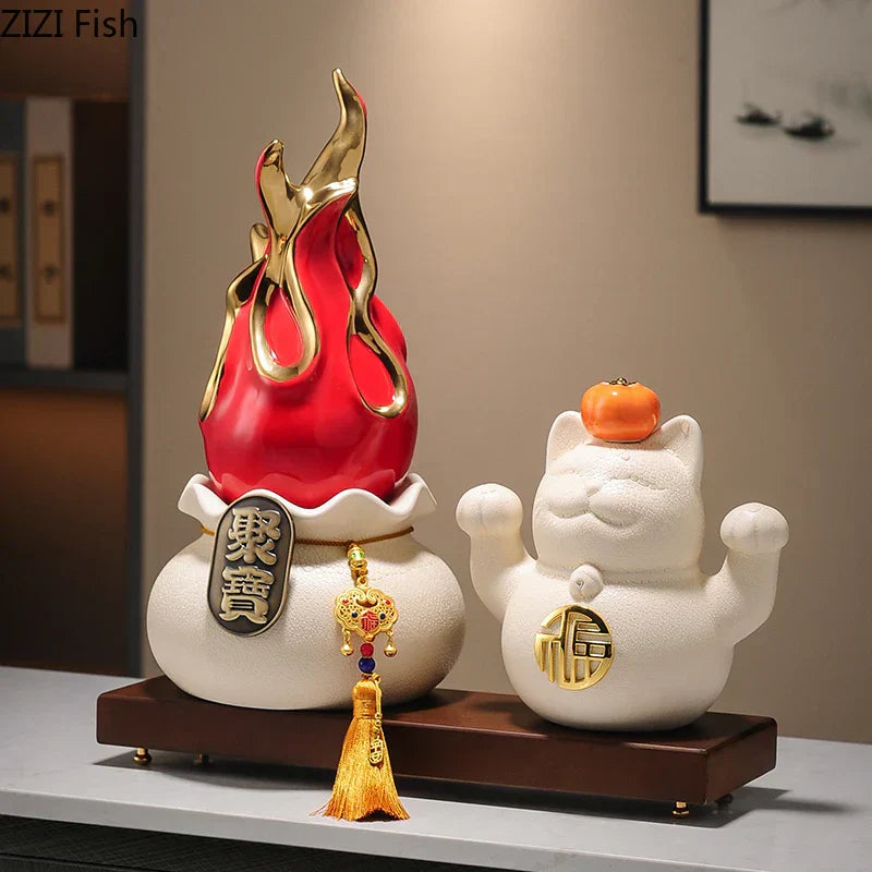 DecorBites™ Gilded Pitaya Cat Ceramic Feng Shui Ornament Landscaping Decoration