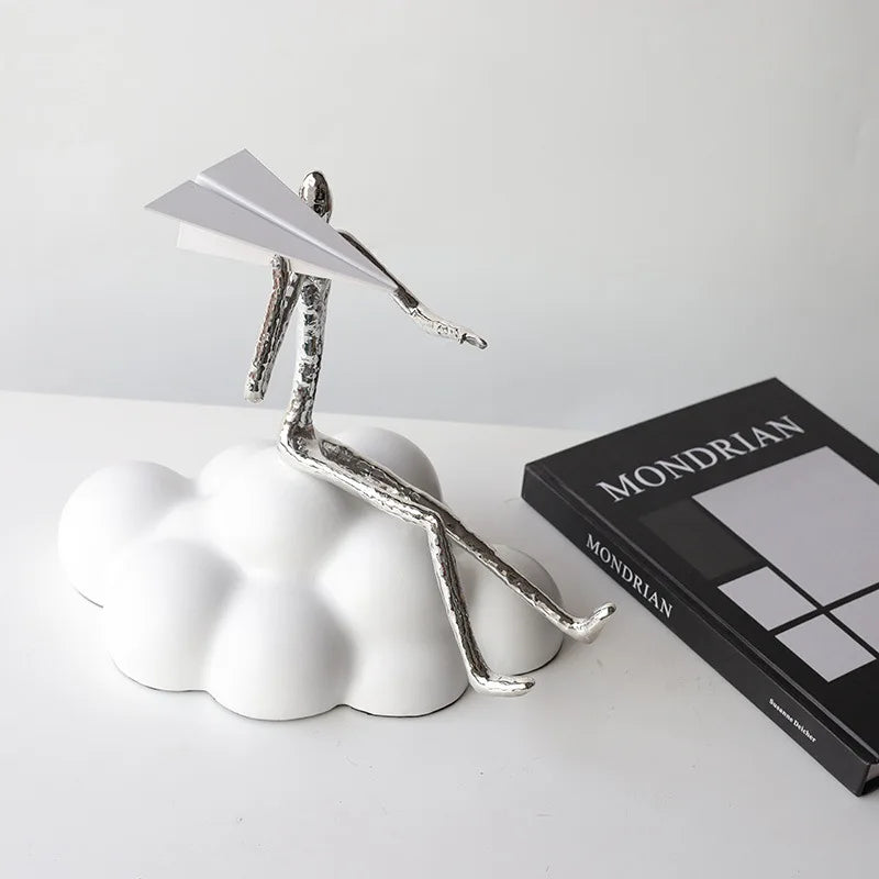 "DecorBites™ Resin Paper Airplane Cloud Figure for Home Decor - Black Cartoon Abstract Figurine"