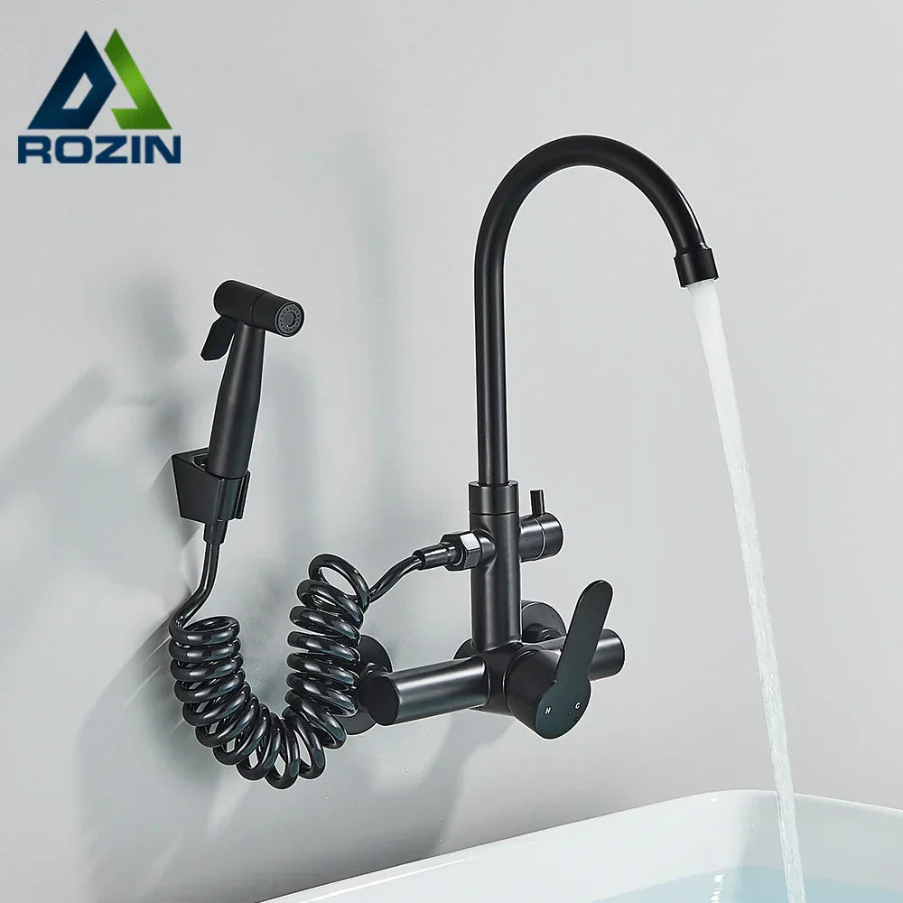 DecorBites™ Black SUS 304 Wall Mounted Gourmet Kitchen Faucet with Extendable Bidet