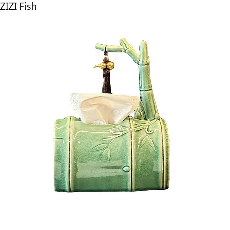 DecorBites™ Bamboo Tissue Box: Ceramic Green Bamboo Design for Coffee Table & Desk Decor