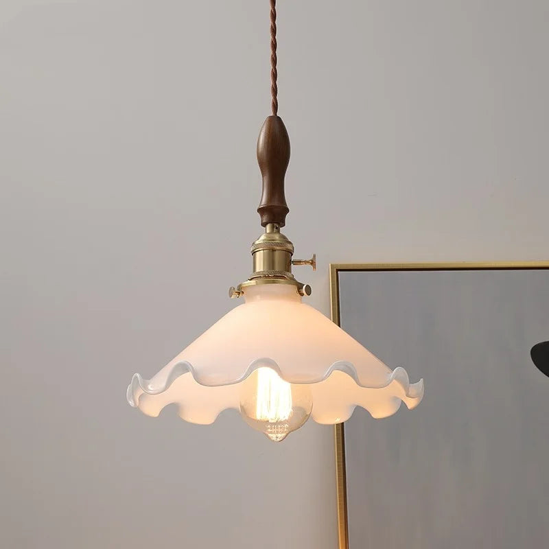 DecorBites™ White Glass LED Pendant Lights with Walnut Wood Details