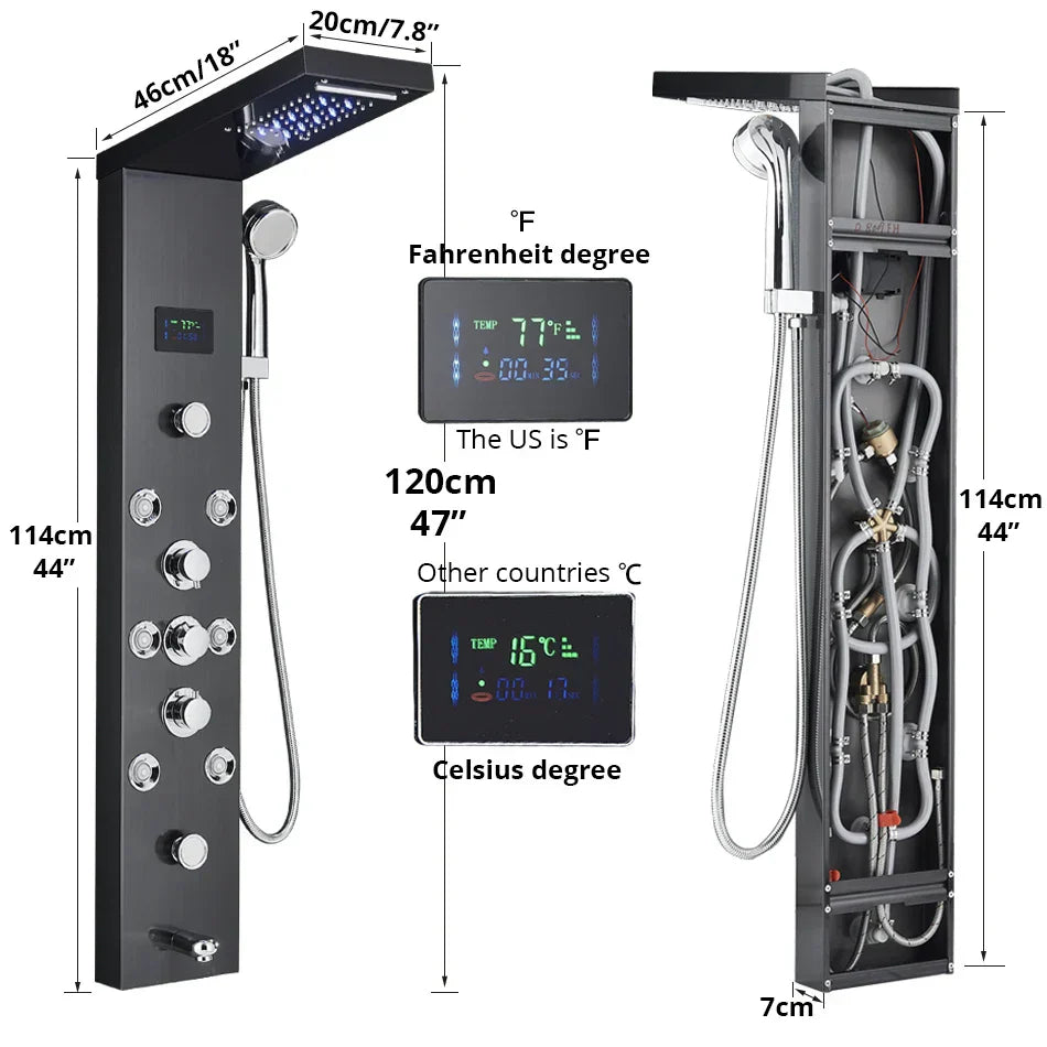 DecorBites™ LED Rainfall Shower Panel System with Temperature Screen & Massage SPA