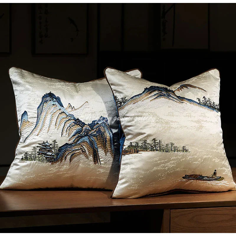 DecorBites™ Chinese Ancient Art Chinoiserie Landscape Embroidered Lumbar Pillow Cover
