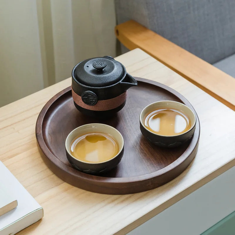 DecorBites™ Black Pottery Tea Set: Pot & 2 Cups in Portable Bag