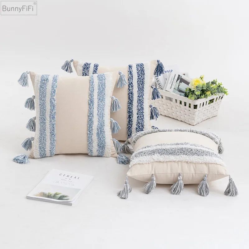 DecorBites™ Blue Grey Stripe Tufted Cushion Cover 45x45cm/30x50cm for Home Decoration