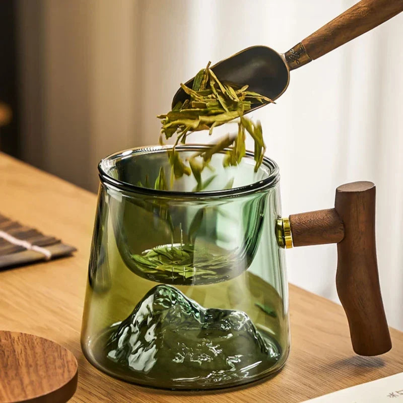 DecorBites™ Glass Tea Cup Set with Wood Handle: High Quality & Heat Resistant Puer Cups